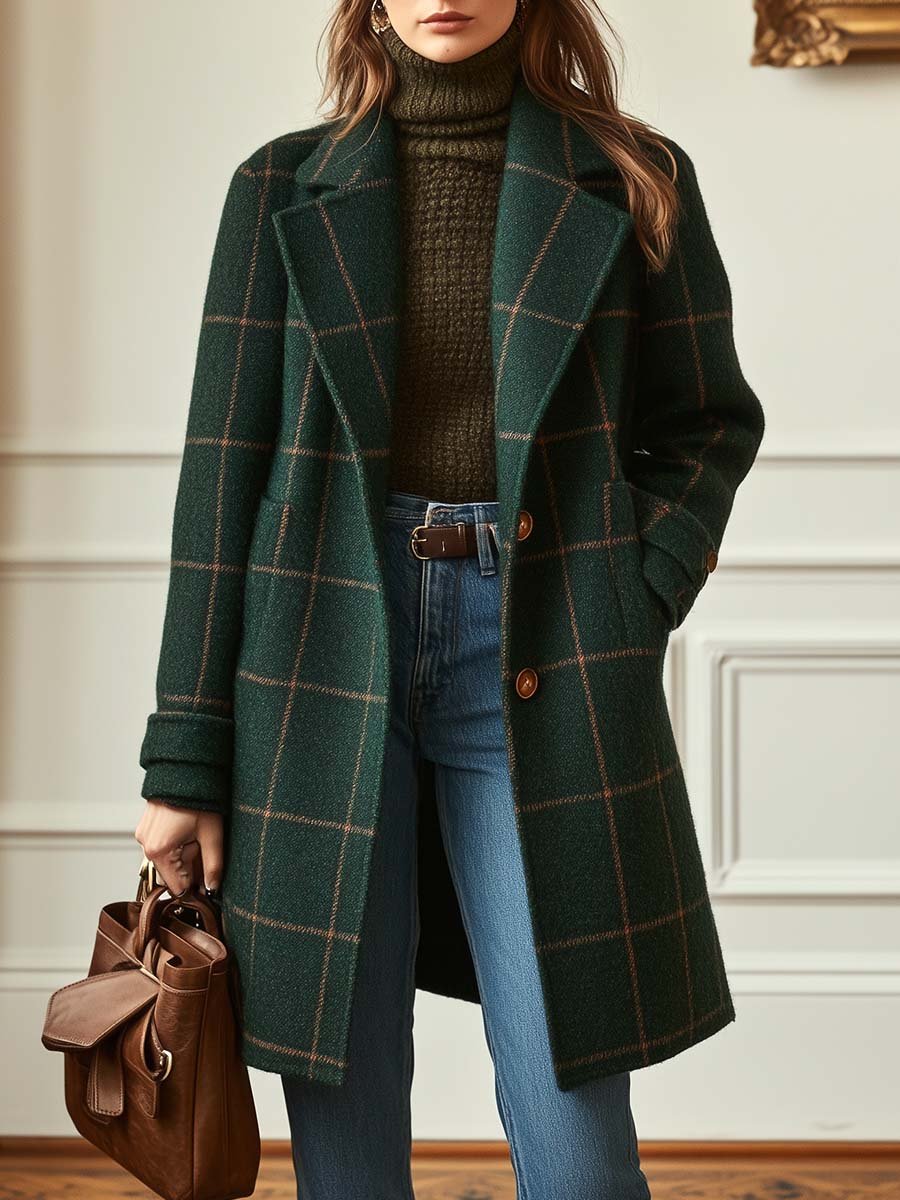 Women's Check Lapel Collar Coat