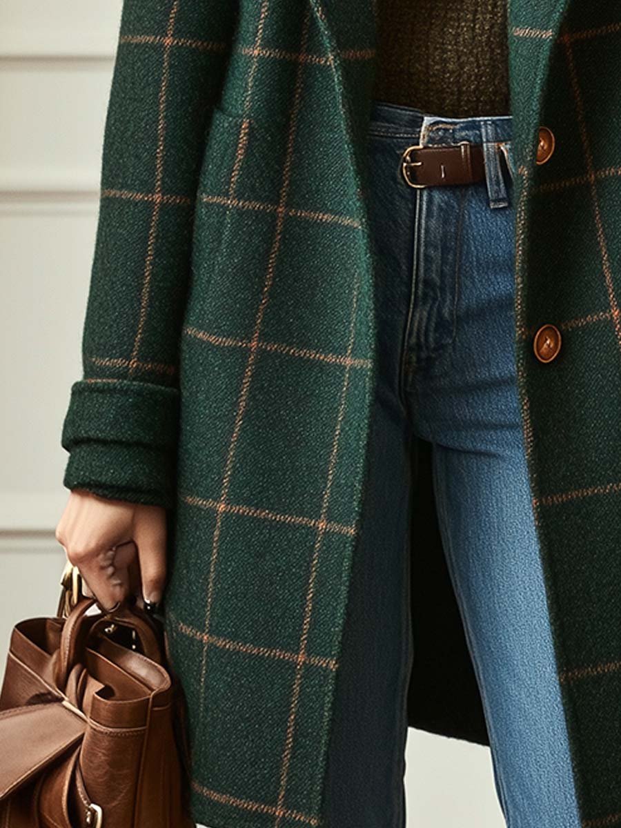 Women's Check Lapel Collar Coat