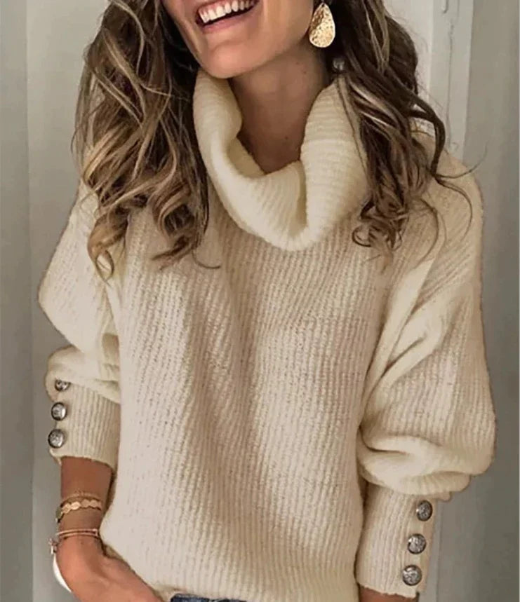 Women's Cowl Neck Jumper with Button Sleeve Detail