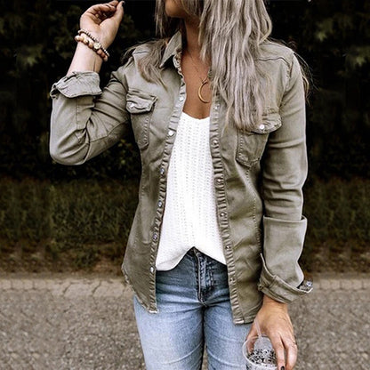 Women's Button-Up Shirt Jacket With Chest Pockets
