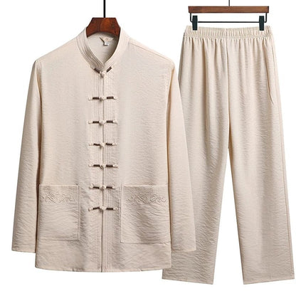 Oriental Style Linen Two-Piece Set With Mandarin Collar