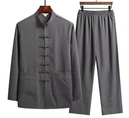 Oriental Style Linen Two-Piece Set With Mandarin Collar