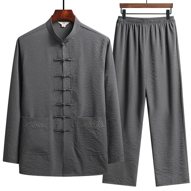 Oriental Style Linen Two-Piece Set With Mandarin Collar