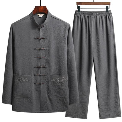 Oriental Style Linen Two-Piece Set With Mandarin Collar