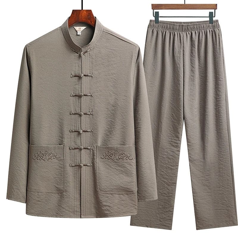 Oriental Style Linen Two-Piece Set With Mandarin Collar
