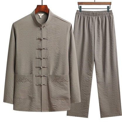 Oriental Style Linen Two-Piece Set With Mandarin Collar
