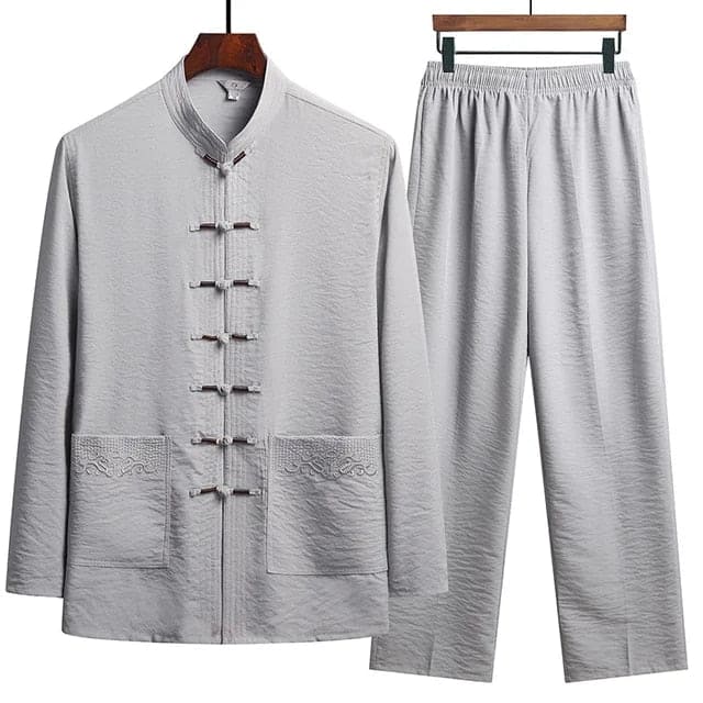 Oriental Style Linen Two-Piece Set With Mandarin Collar