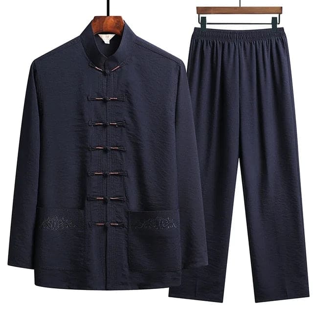 Oriental Style Linen Two-Piece Set With Mandarin Collar