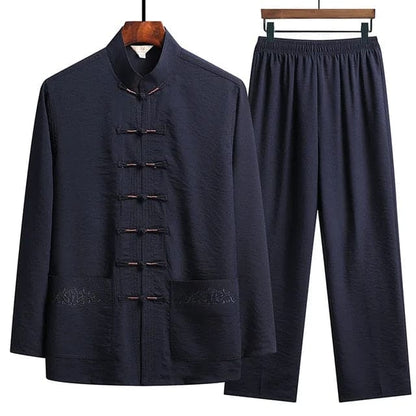 Oriental Style Linen Two-Piece Set With Mandarin Collar