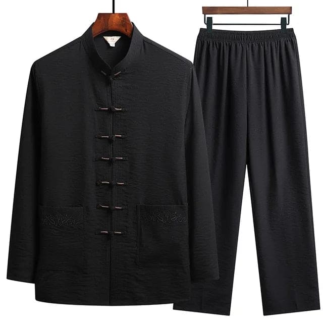 Oriental Style Linen Two-Piece Set With Mandarin Collar