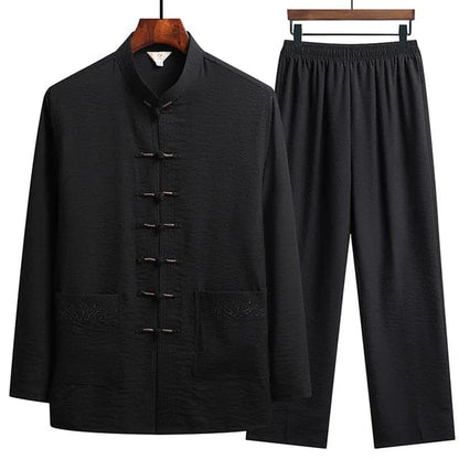 Oriental Style Linen Two-Piece Set With Mandarin Collar