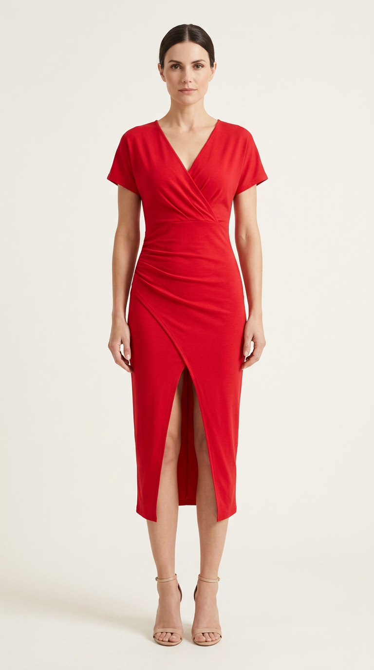 V Neck Midi Dress with Balanced Silhouette