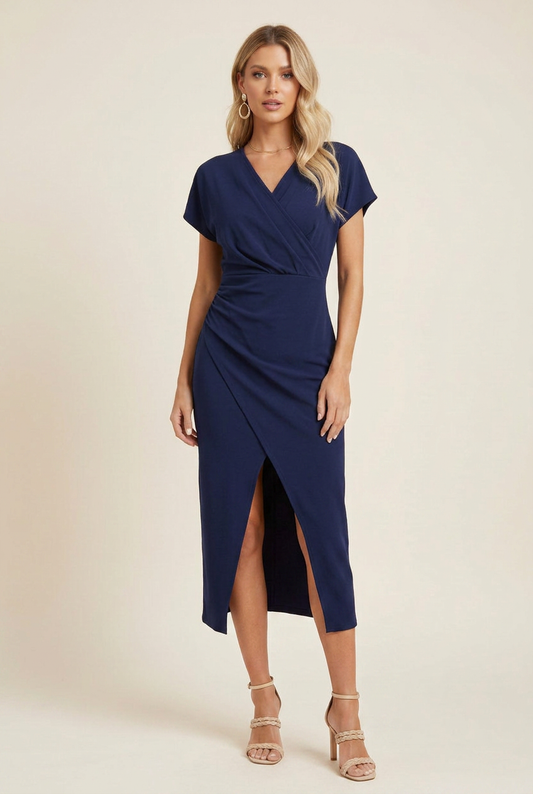 V Neck Midi Dress with Balanced Silhouette
