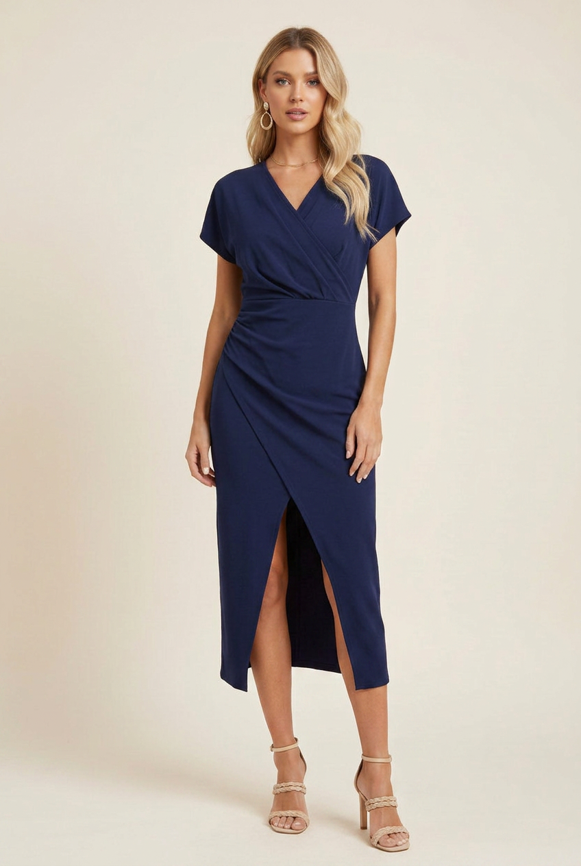V Neck Midi Dress with Balanced Silhouette