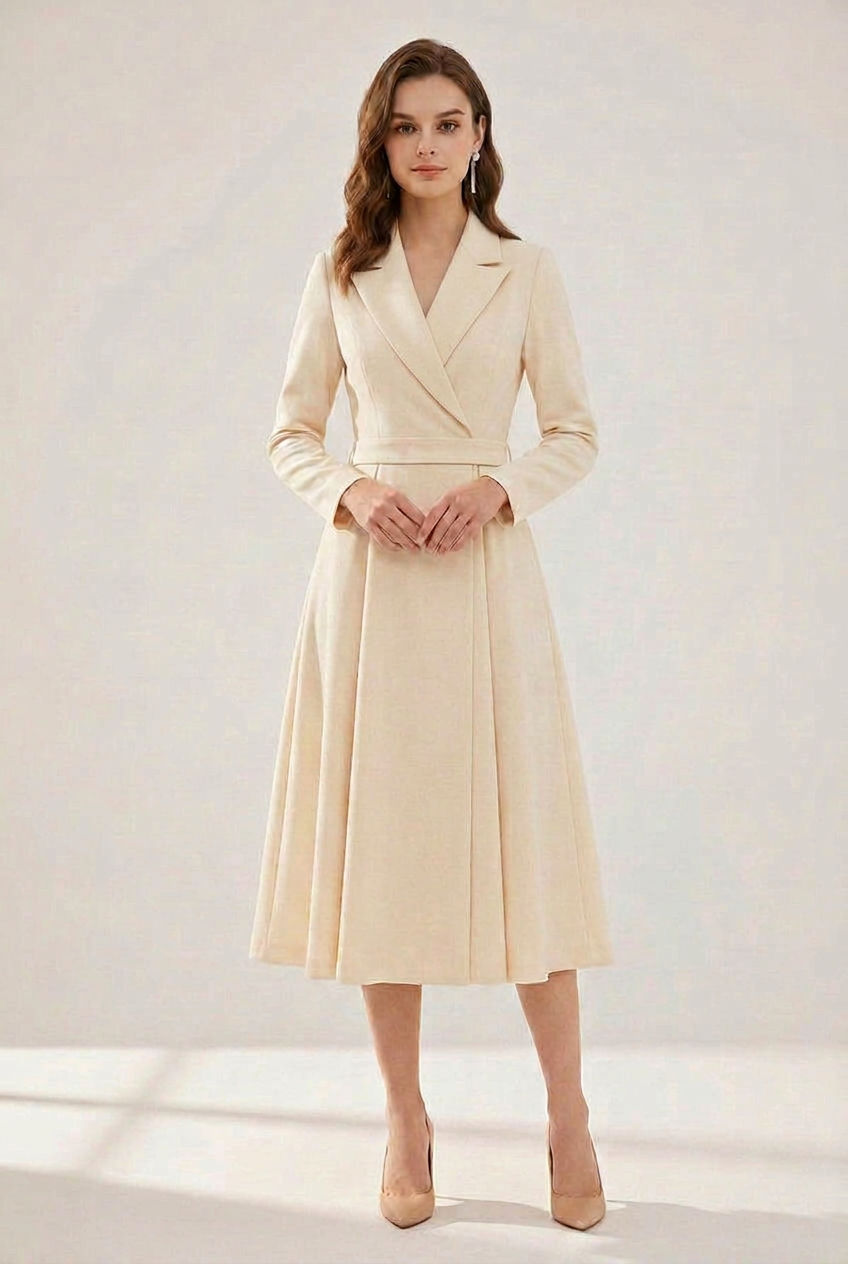 Long Sleeve Midi Dress with Lapel and Pockets