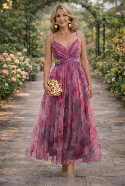 Floral Print High Waist Maxi Dress With Crisscross Straps
