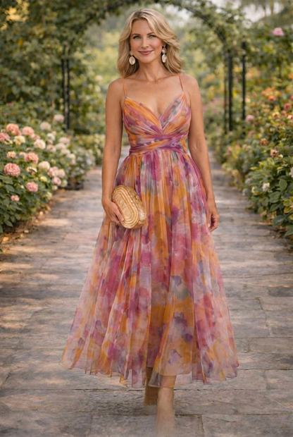 Floral Print High Waist Maxi Dress With Crisscross Straps
