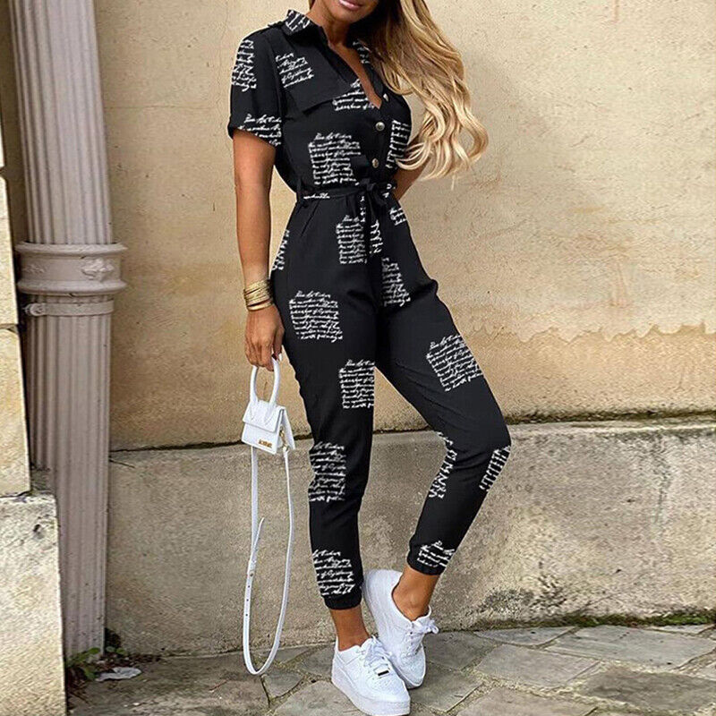 Women's Belted Short Sleeve Button-Down Jumpsuit