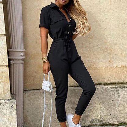 Women's Belted Short Sleeve Button-Down Jumpsuit