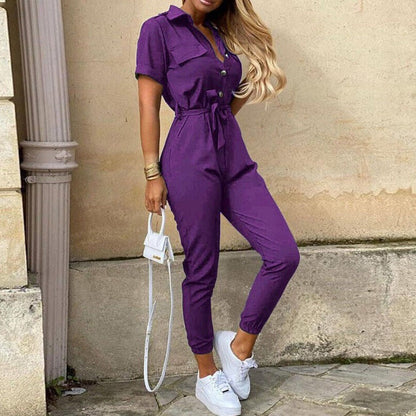 Women's Belted Short Sleeve Button-Down Jumpsuit