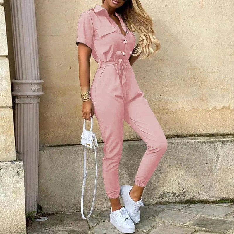 Women's Belted Short Sleeve Button-Down Jumpsuit