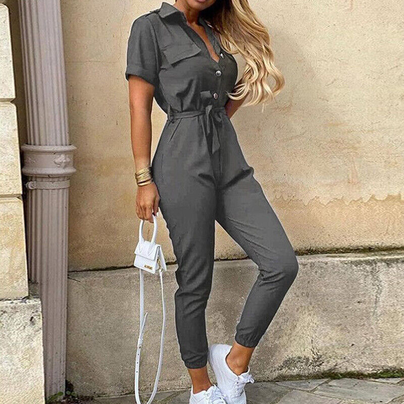 Women's Belted Short Sleeve Button-Down Jumpsuit