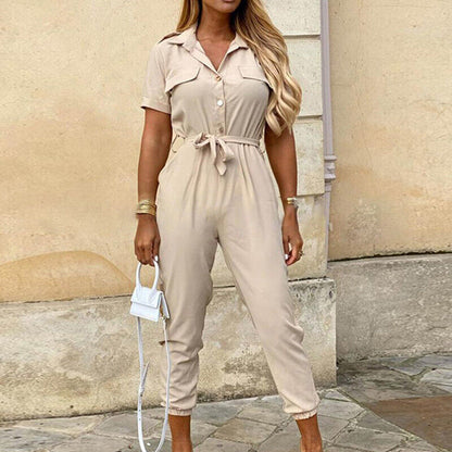 Women's Belted Short Sleeve Button-Down Jumpsuit