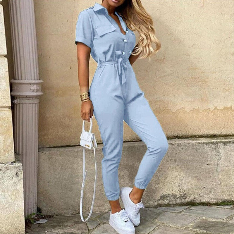 Women's Belted Short Sleeve Button-Down Jumpsuit