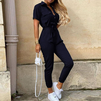 Women's Belted Short Sleeve Button-Down Jumpsuit