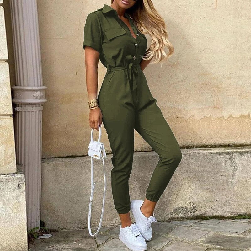 Women's Belted Short Sleeve Button-Down Jumpsuit