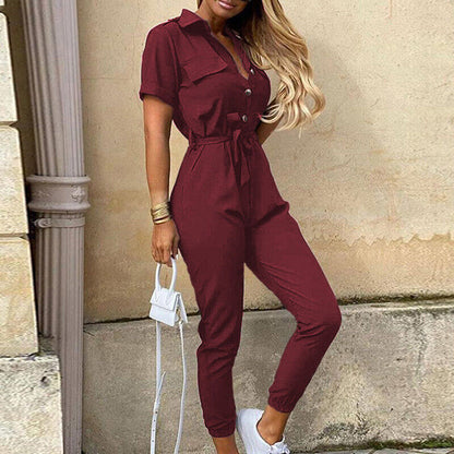 Women's Belted Short Sleeve Button-Down Jumpsuit