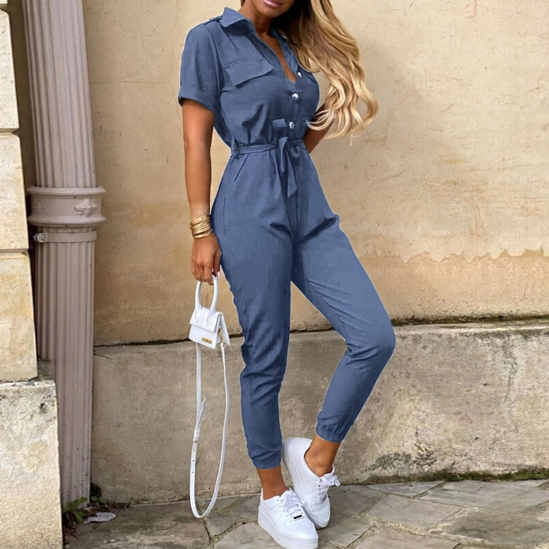Women's Belted Short Sleeve Button-Down Jumpsuit