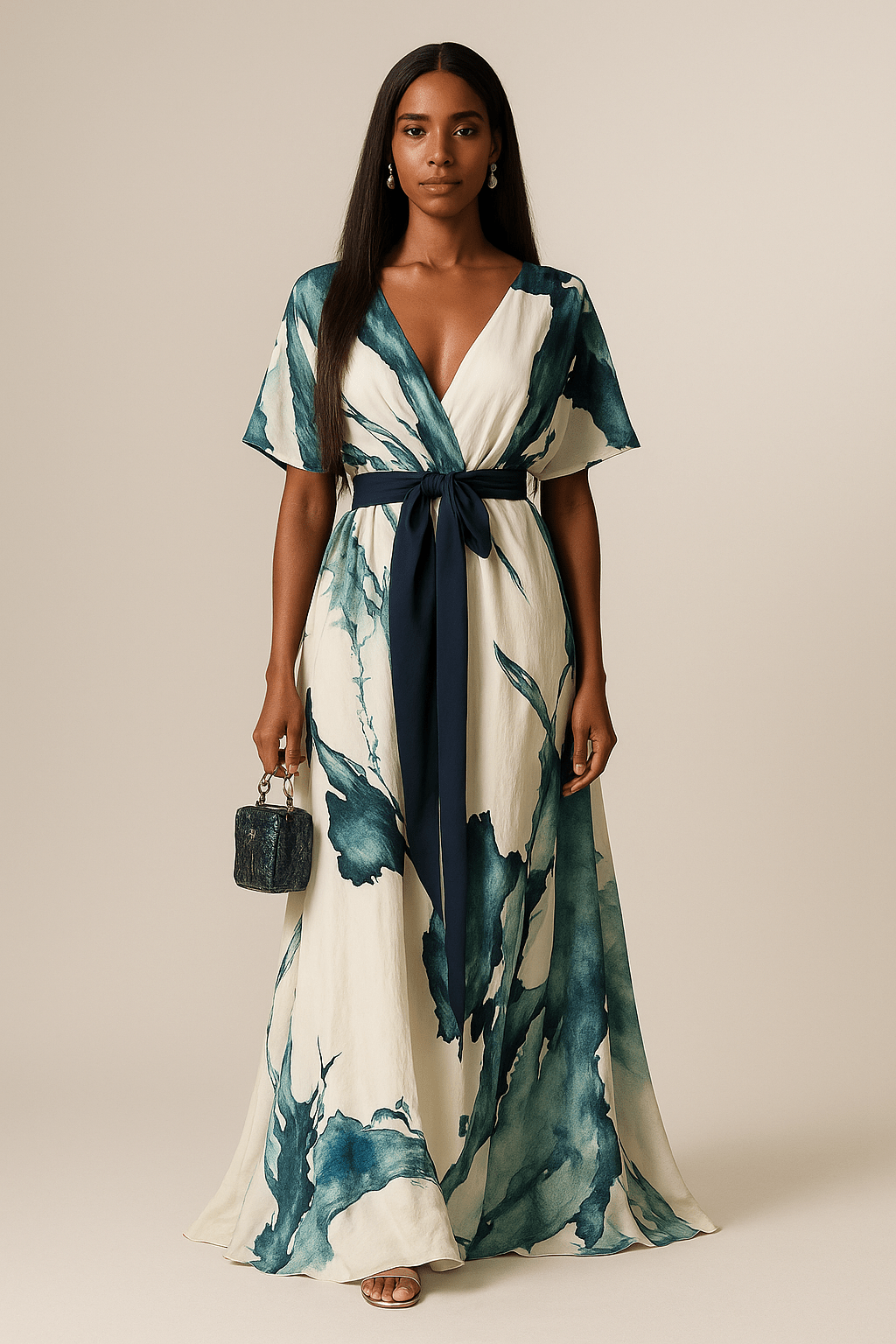 V Neck Tie Waist Flowing Maxi Dress