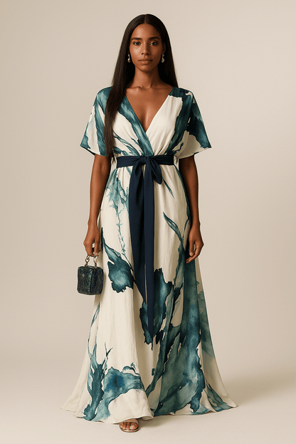 V Neck Tie Waist Flowing Maxi Dress