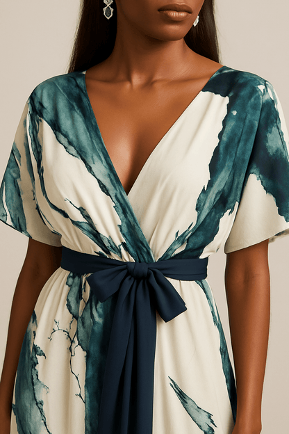 V Neck Tie Waist Flowing Maxi Dress