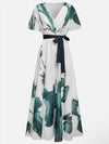 V Neck Tie Waist Flowing Maxi Dress