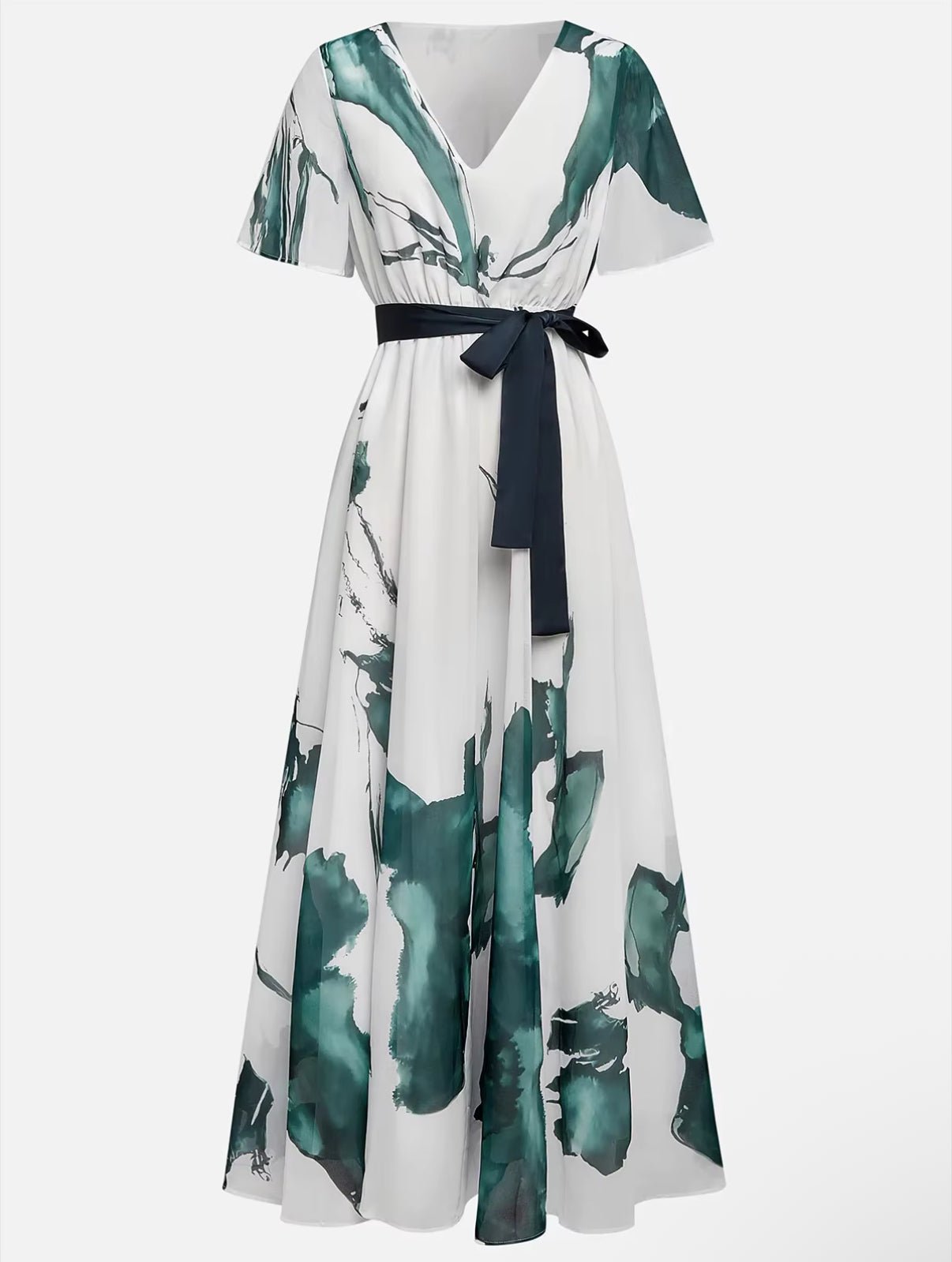 V Neck Tie Waist Flowing Maxi Dress