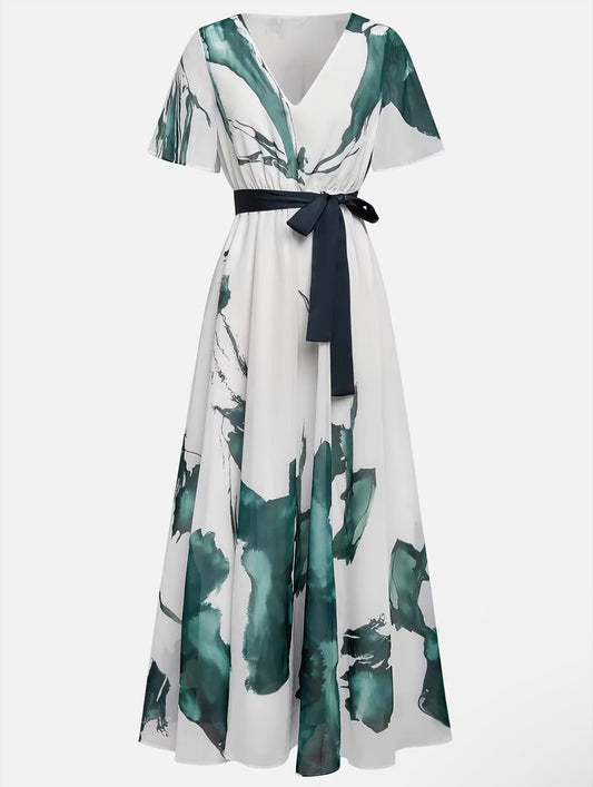 V Neck Tie Waist Flowing Maxi Dress