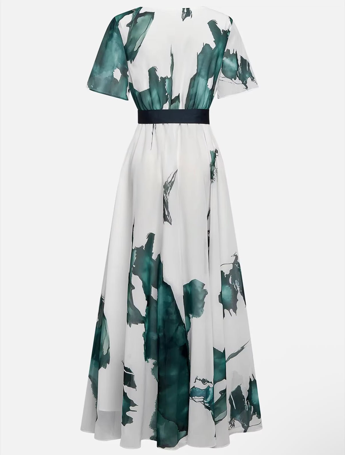 V Neck Tie Waist Flowing Maxi Dress