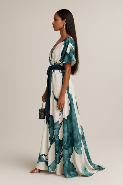 V Neck Tie Waist Flowing Maxi Dress