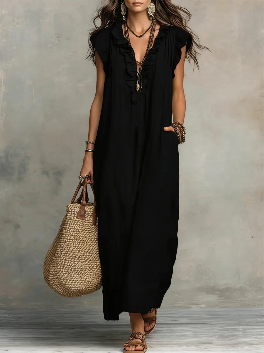 Ruffle V Neck Short Sleeve Maxi Dress With Pockets
