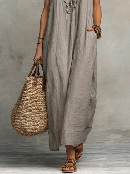 Ruffle V Neck Short Sleeve Maxi Dress With Pockets