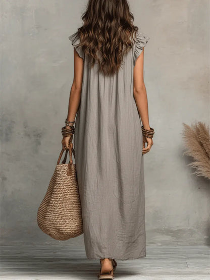 Ruffle V Neck Short Sleeve Maxi Dress With Pockets