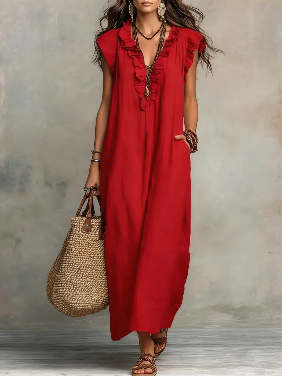 Ruffle V Neck Short Sleeve Maxi Dress With Pockets
