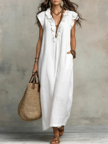 Ruffle V Neck Short Sleeve Maxi Dress With Pockets