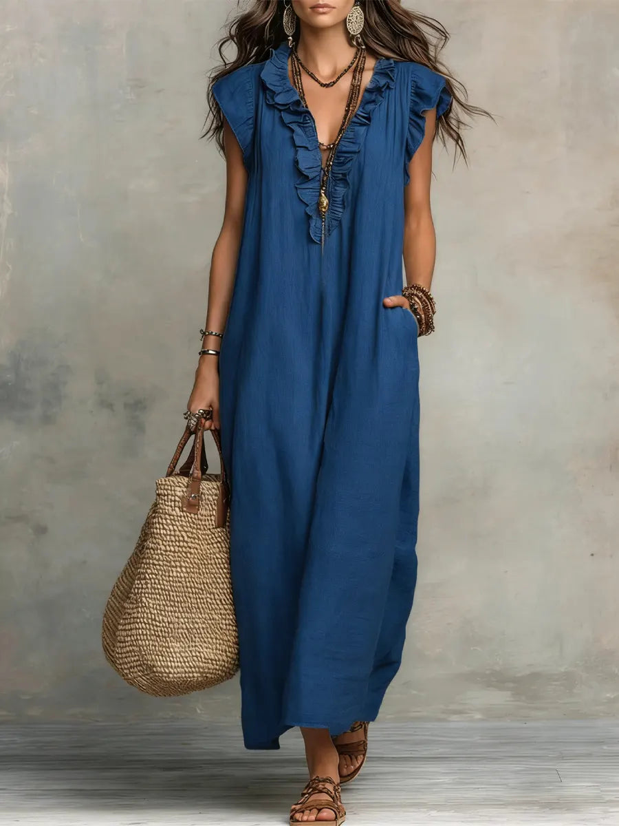 Ruffle V Neck Short Sleeve Maxi Dress With Pockets