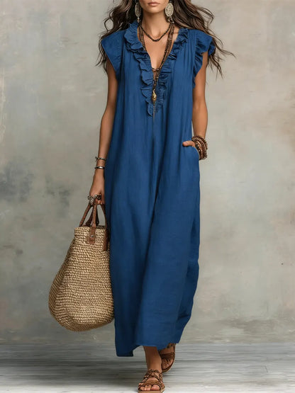 Ruffle V Neck Short Sleeve Maxi Dress With Pockets
