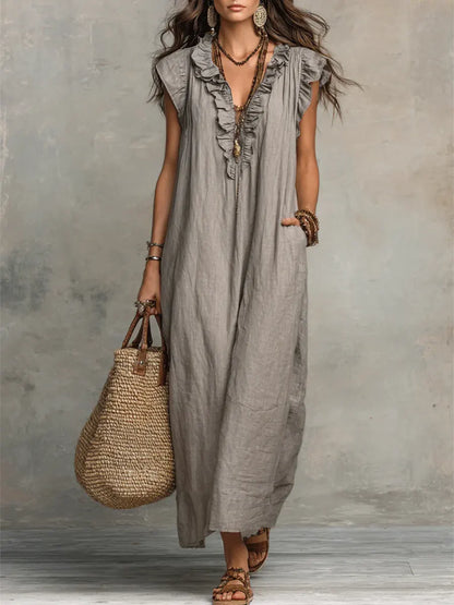 Ruffle V Neck Short Sleeve Maxi Dress With Pockets