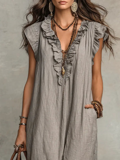 Ruffle V Neck Short Sleeve Maxi Dress With Pockets
