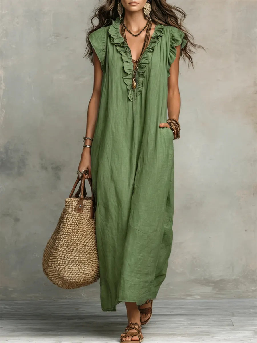 Ruffle V Neck Short Sleeve Maxi Dress With Pockets